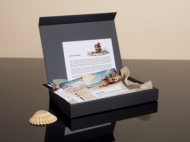 Premium Wichtelbox Sommerabenteuer am Meer mit Augenblickswichtel Solini und liebevoll gestalteten Wichtelbriefen