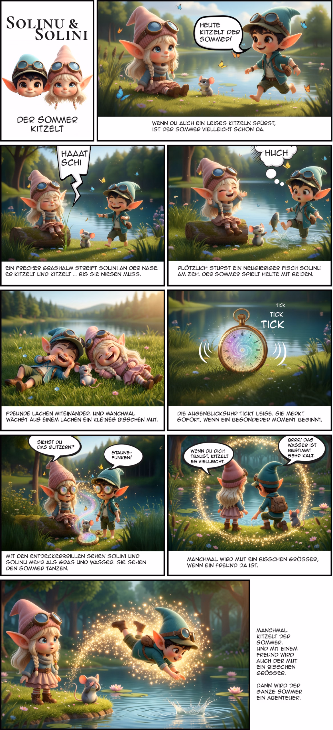 Comic_Solini_Solinu_Der_Sommer-kitzelt Comic mit den Augenblickswichteln Solini und Solinu über den Sommer und die Augenblicksuhr