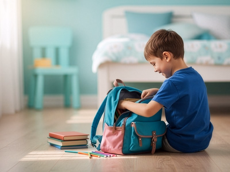 Junge bereitet sich mit gepacktem Schulranzen auf die Einschulung vor