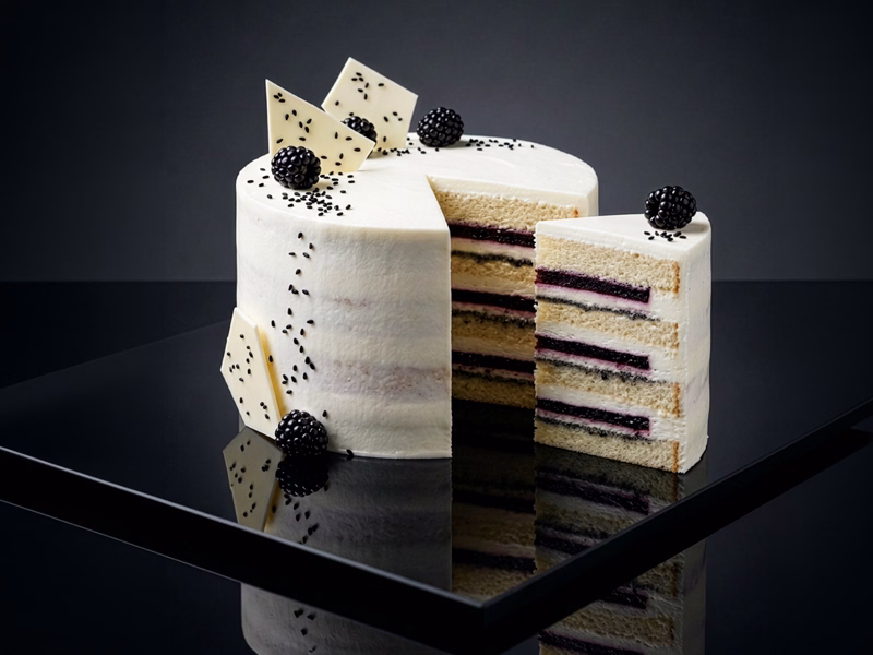 Blackberry Cake mit Vanille, Brombeeren, geröstetem schwarzem Sesam und weißer Schokolade